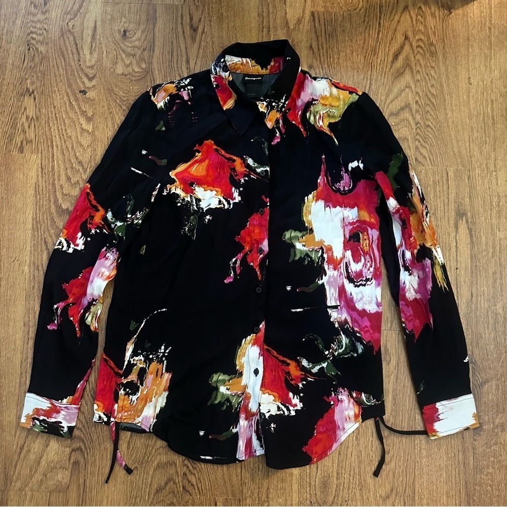 Desigual Multicolor Abstract button down shirt top size small unique side ties